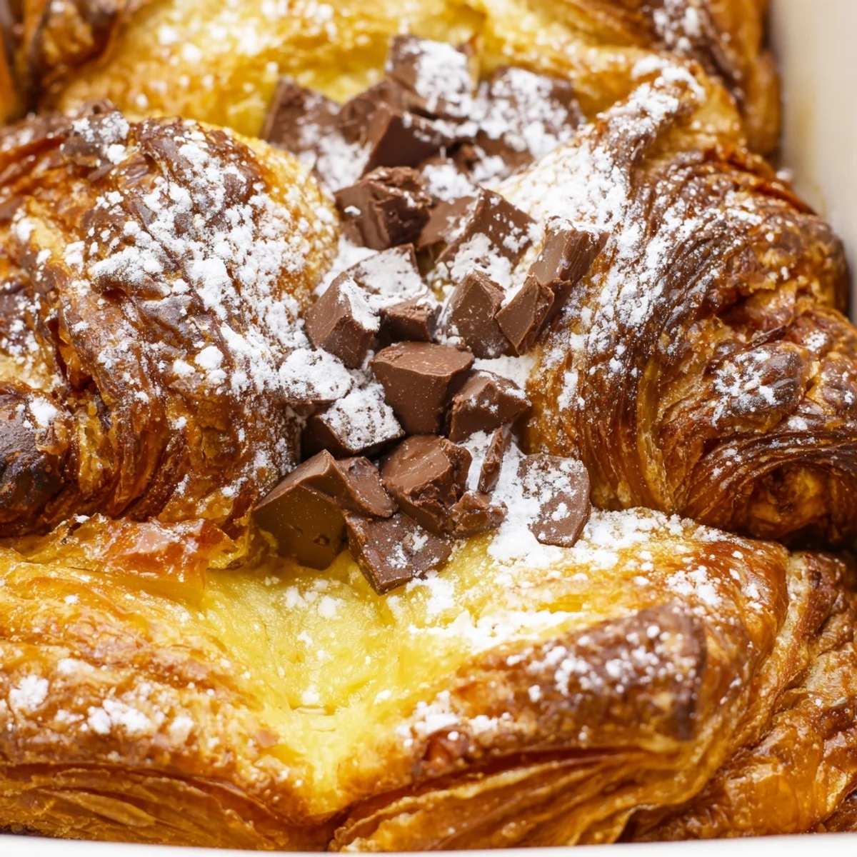 Warm French-inspired chocolate croissant breakfast bake dusted with powdered sugar and fresh berries on top