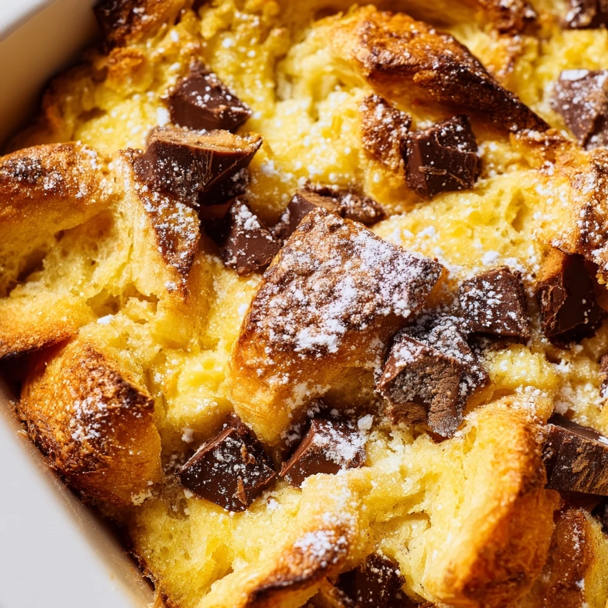 Buttery croissant pieces baked in rich custard with semi-sweet chocolate for this indulgent chocolate croissant breakfast bake