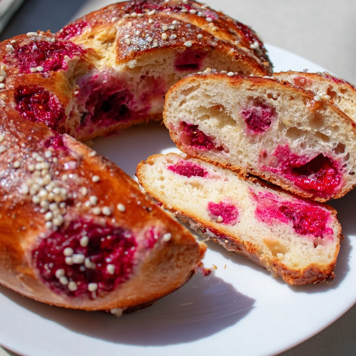 Golden brown raspberry sourdough bagels topped with demerara sugar on a wooden board