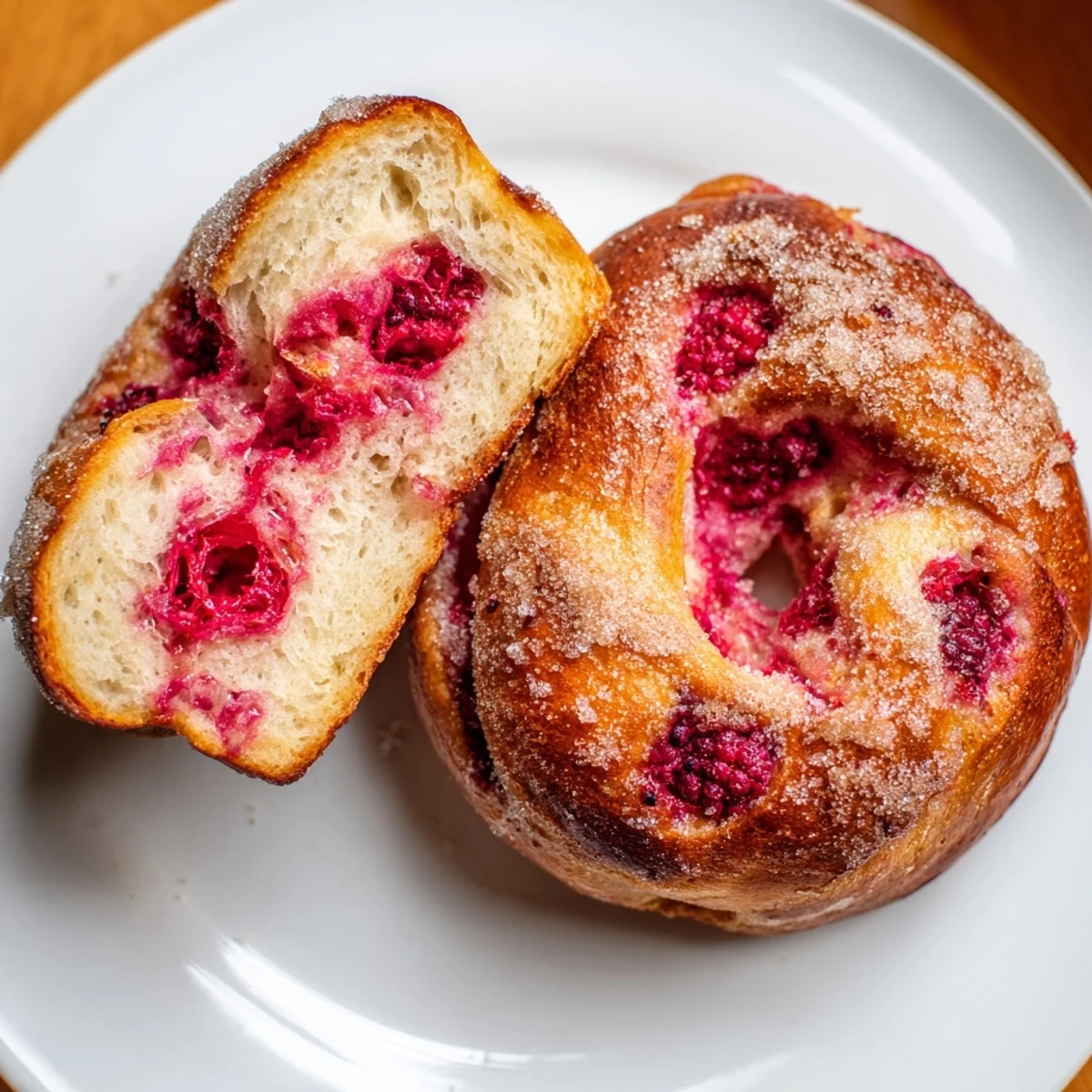 Fresh raspberries visible throughout these chewy tangy sourdough bagels baked to perfection