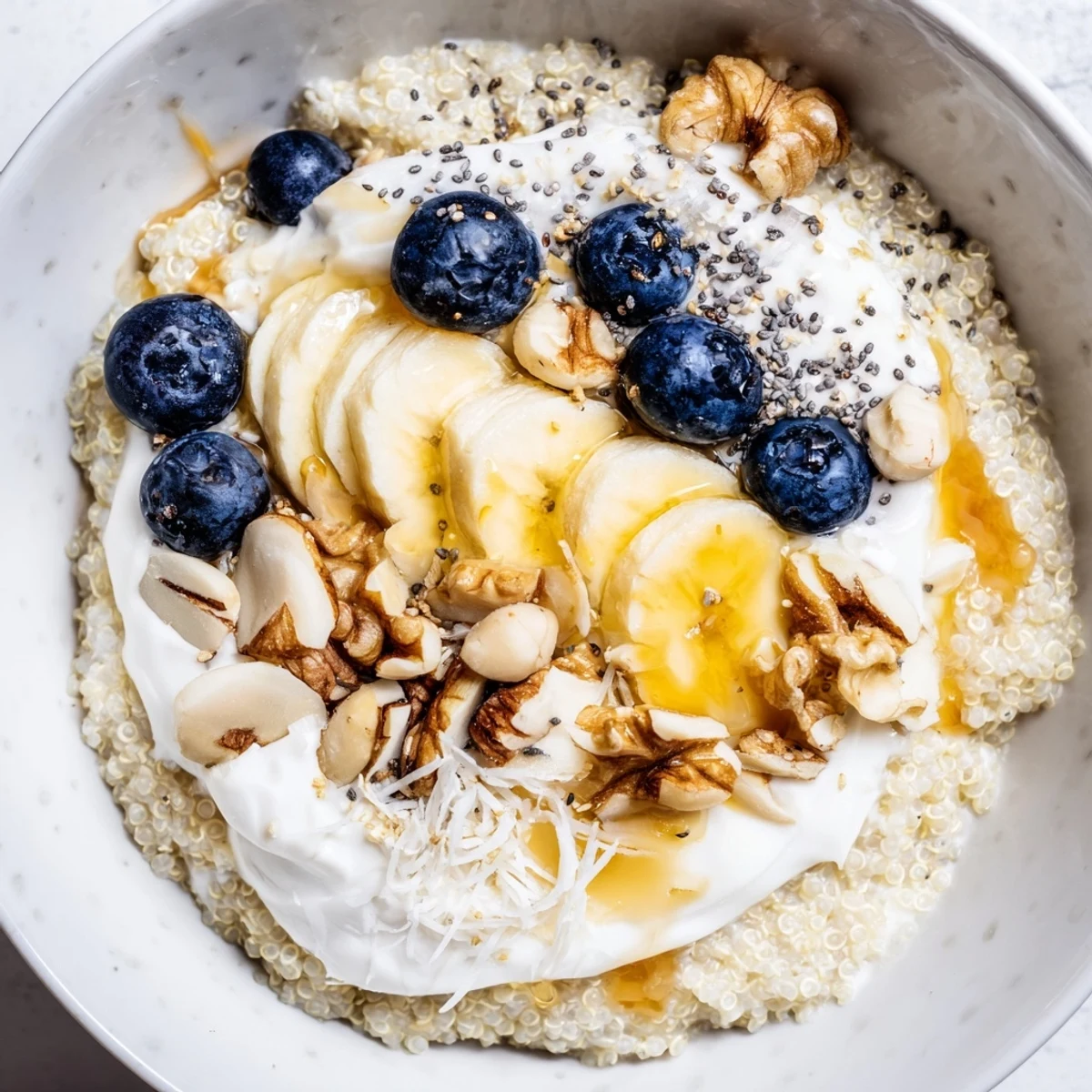 Creamy blueberry quinoa breakfast bowl topped with fresh bananas, crunchy almonds, and coconut flakes