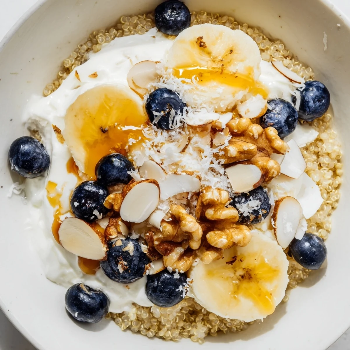 Protein-packed blueberry quinoa breakfast bowl drizzled with maple syrup and scattered with fresh fruit