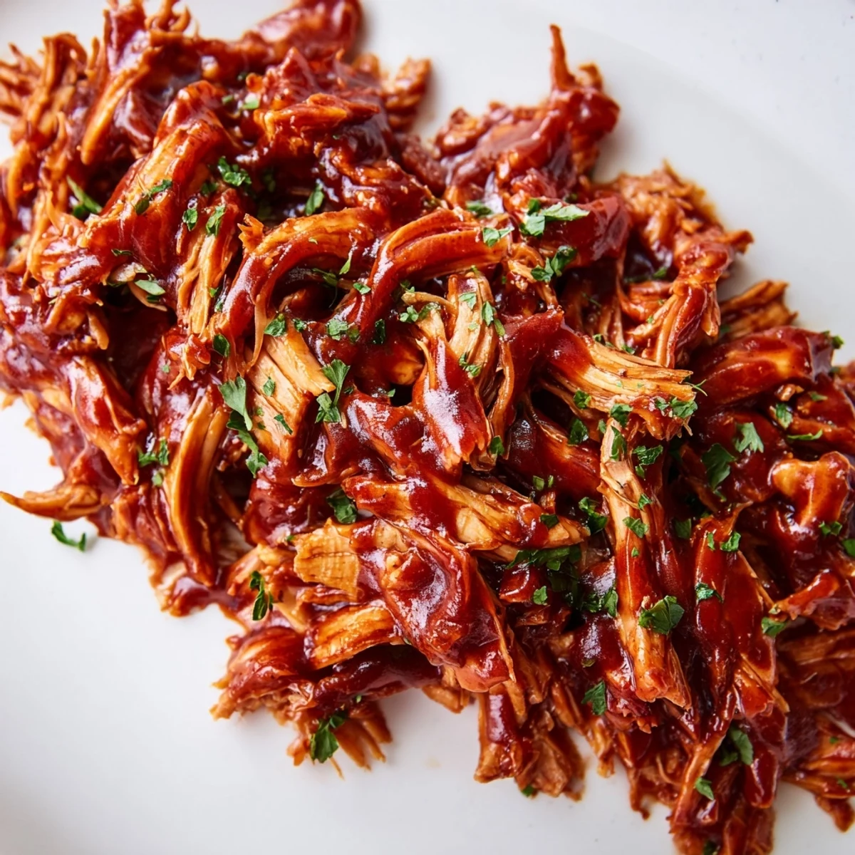 Tender Sweet Baby Ray's Crockpot Chicken glistening with rich barbecue sauce on a white plate