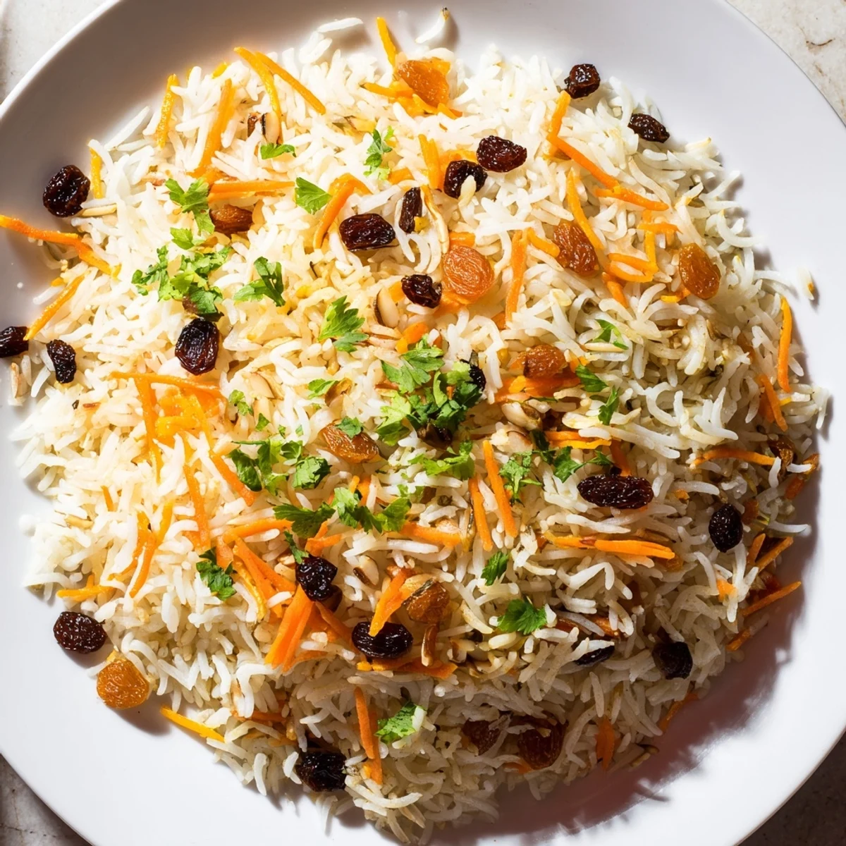 Golden Afghan rice topped with caramelized carrots, plump raisins, and toasted almond slices
