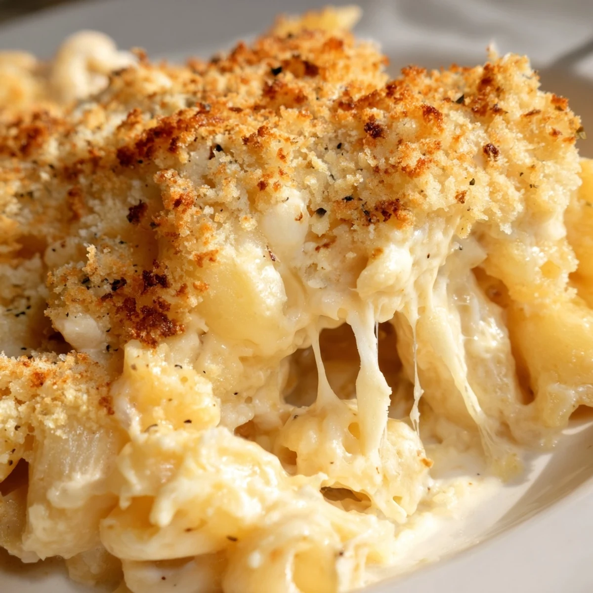 Golden bubbling three cheese baked macaroni with crispy panko topping fresh from oven