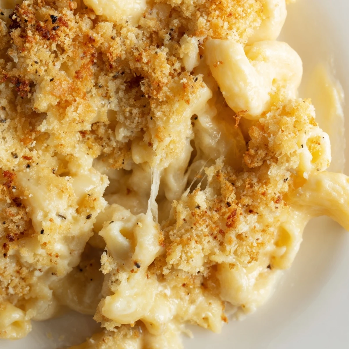 Creamy three cheese baked macaroni served steaming in rustic white ceramic dish