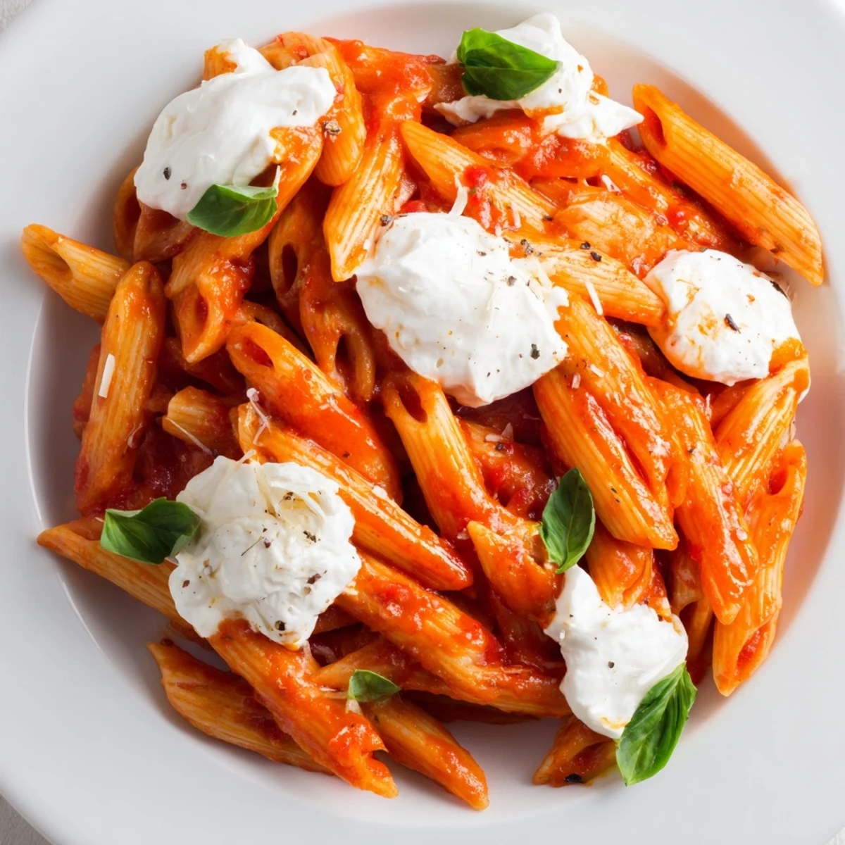 Creamy tomato garlic ricotta penne topped with fresh basil and Parmesan cheese