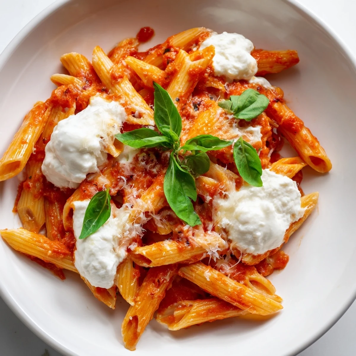 Tomato garlic ricotta penne in vibrant red sauce with dollops of creamy cheese