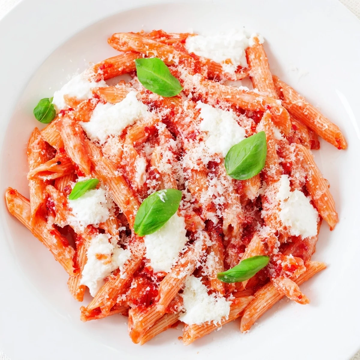 Steaming bowl of tomato garlic ricotta penne garnished with torn basil leaves