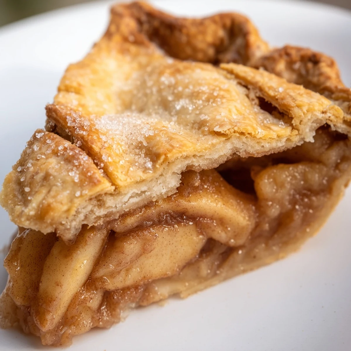 Golden homemade apple pie with flaky crust and cinnamon spiced filling on rustic plate