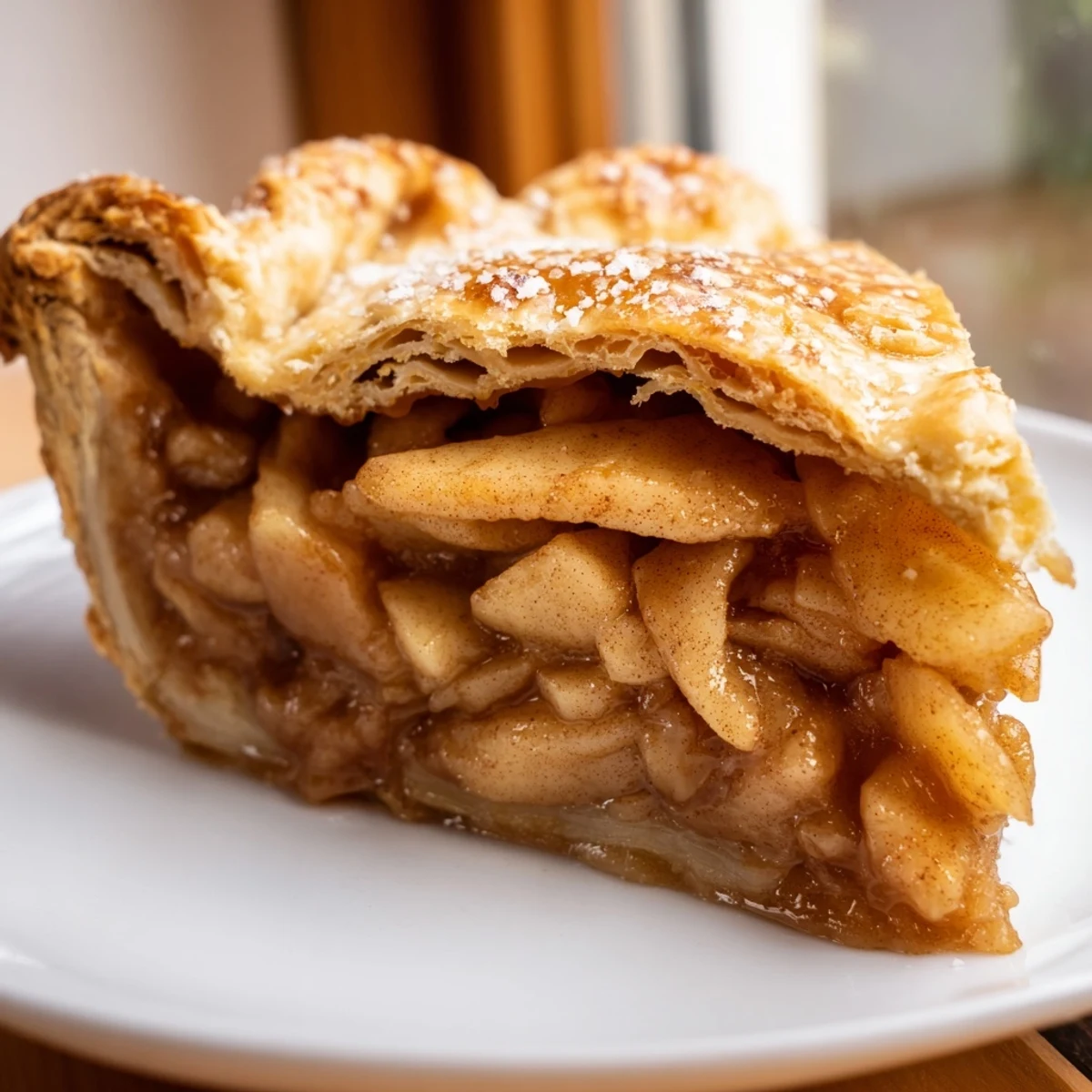 Warm apple pie slice revealing tender cinnamon apples in buttery golden brown crust
