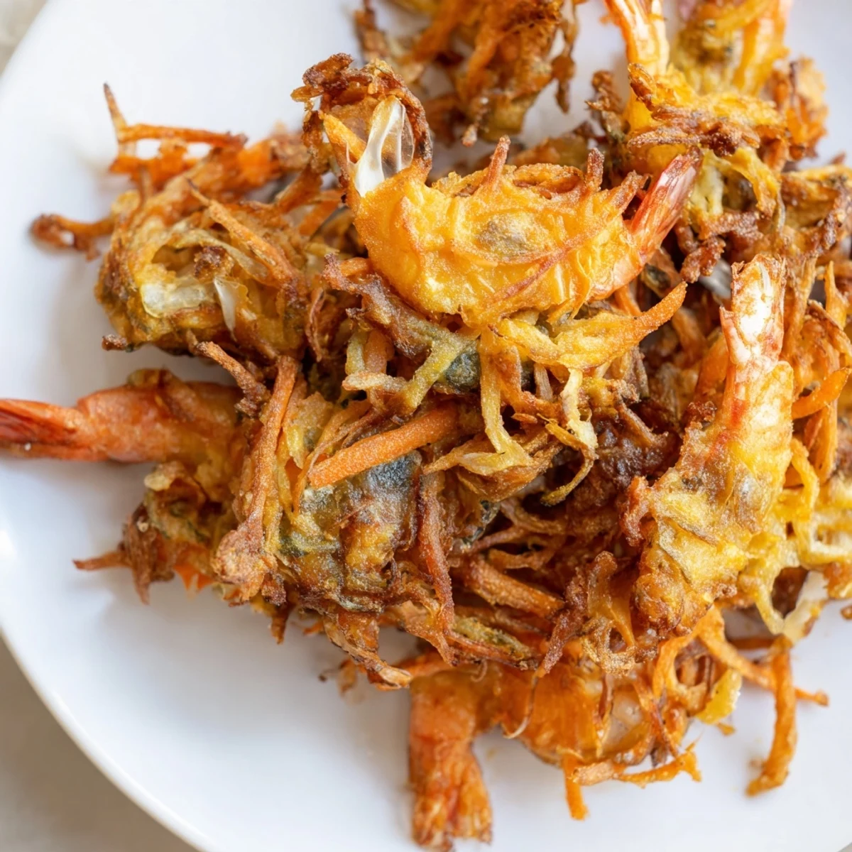 Crispy golden Ukoy Filipino shrimp fritters served with vinegar garlic dipping sauce on a white plate