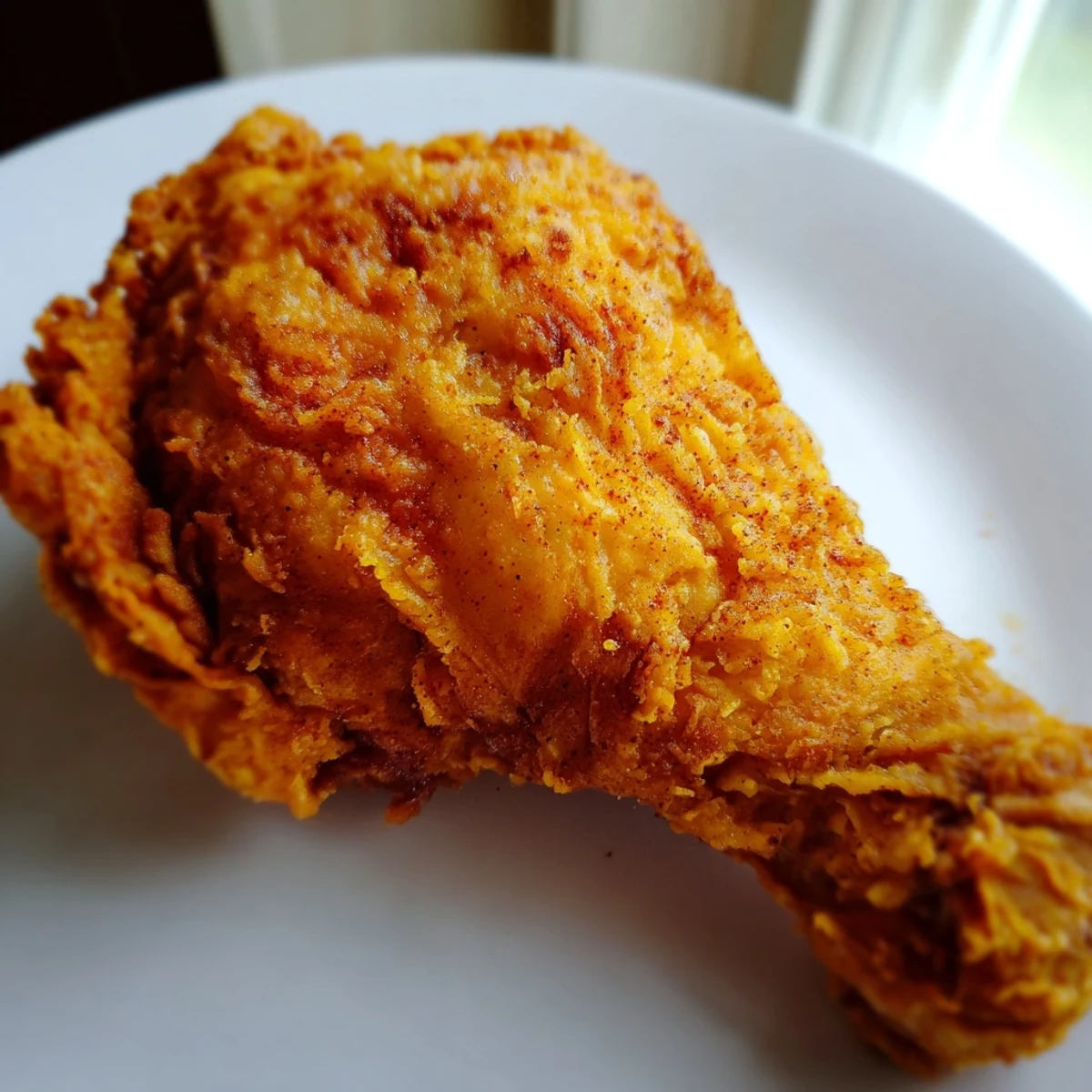 Golden crispy fried chicken pieces plated on a white serving dish with herbs