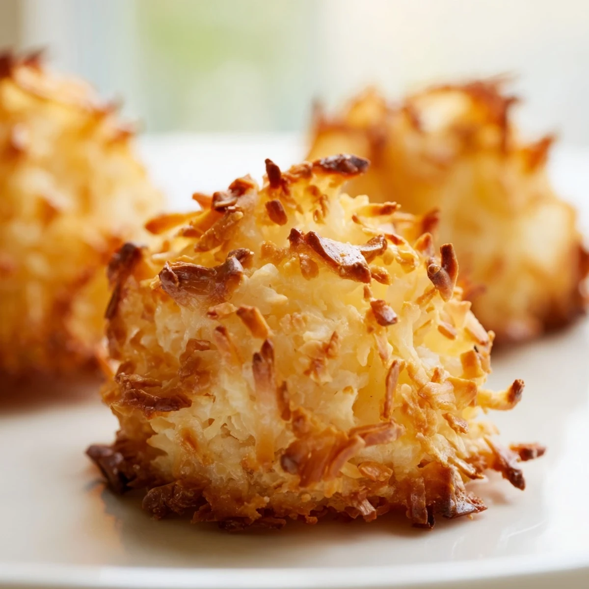 Golden chewy coconut macaroons with crispy edges on a white baking sheet
