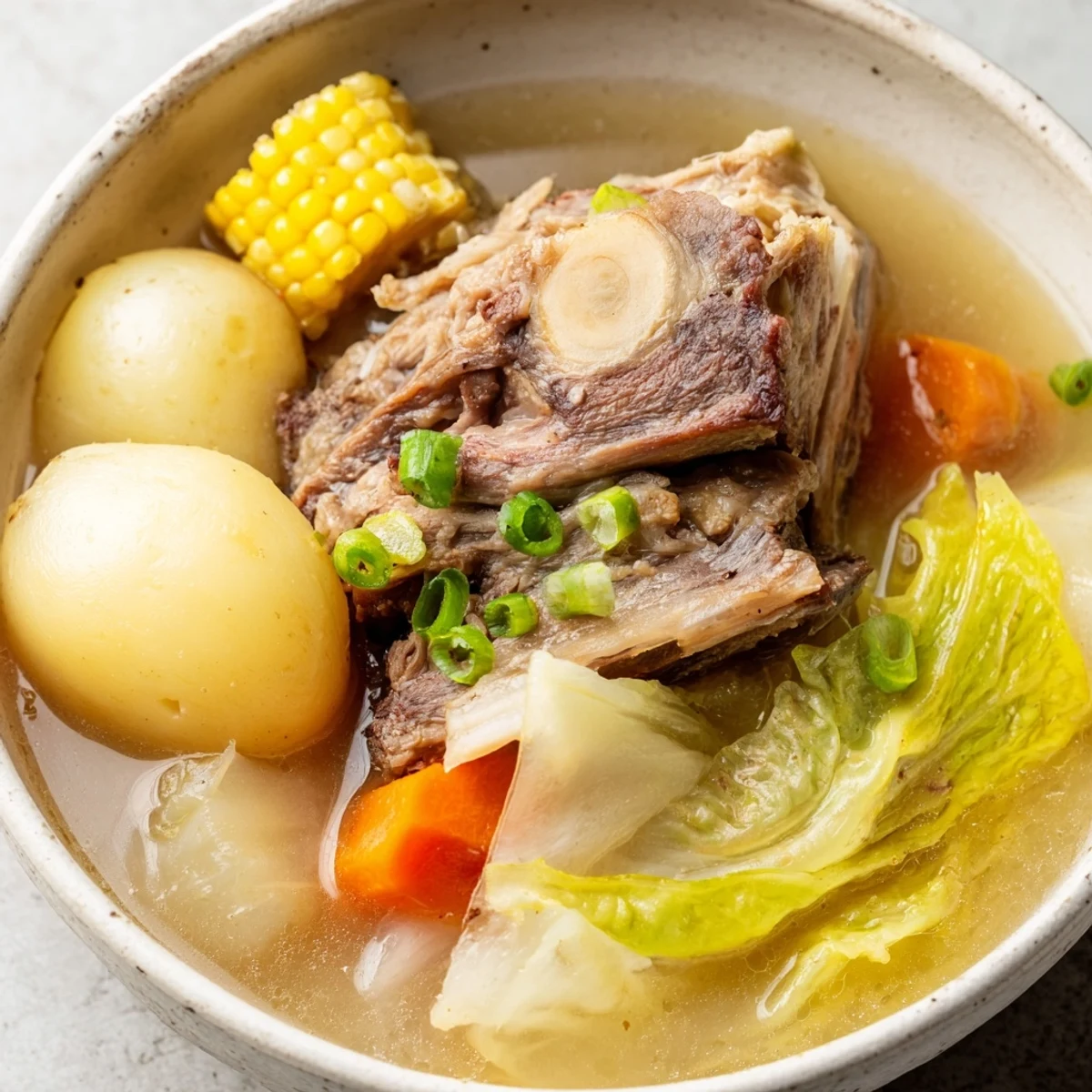 Filipino Bulalo beef shank soup featuring bone marrow and fresh corn in clear broth