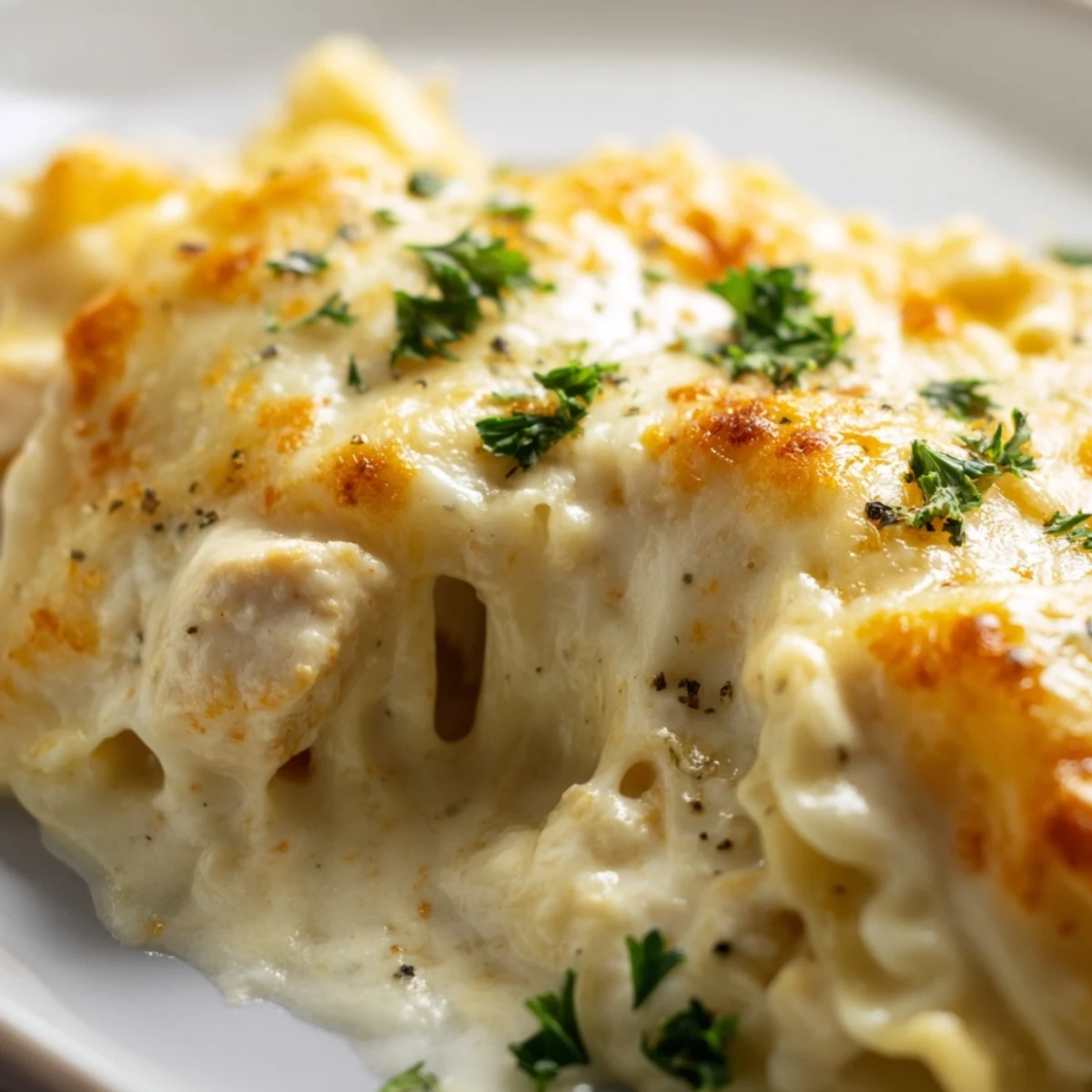 Golden bubbling chicken Alfredo baked ravioli casserole with melted mozzarella cheese on top
