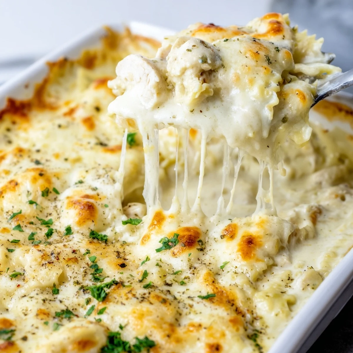 Creamy chicken Alfredo baked ravioli served in a white ceramic dish with parsley garnish