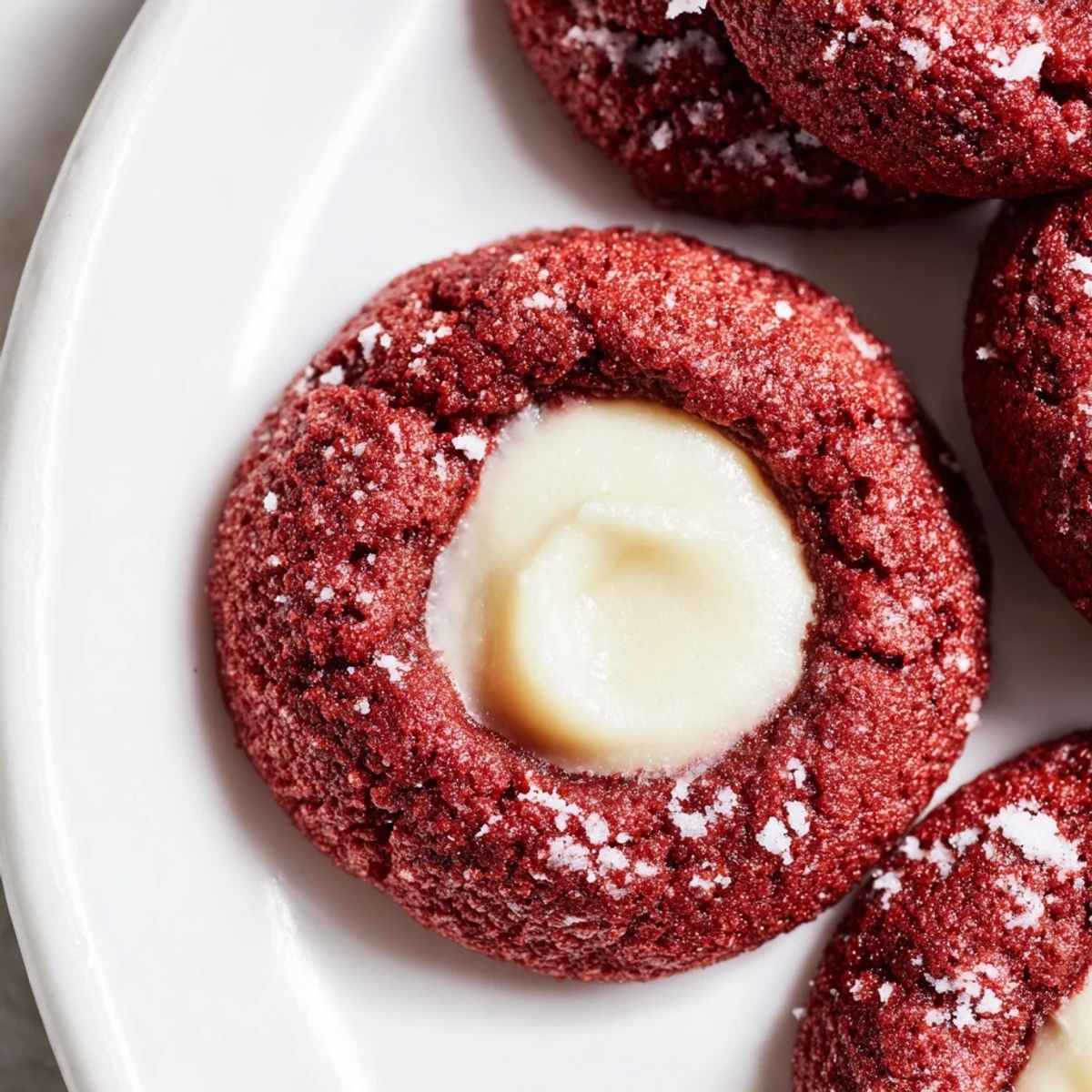 Red velvet thumbprint cookies with creamy cheesecake filling on a rustic white platter