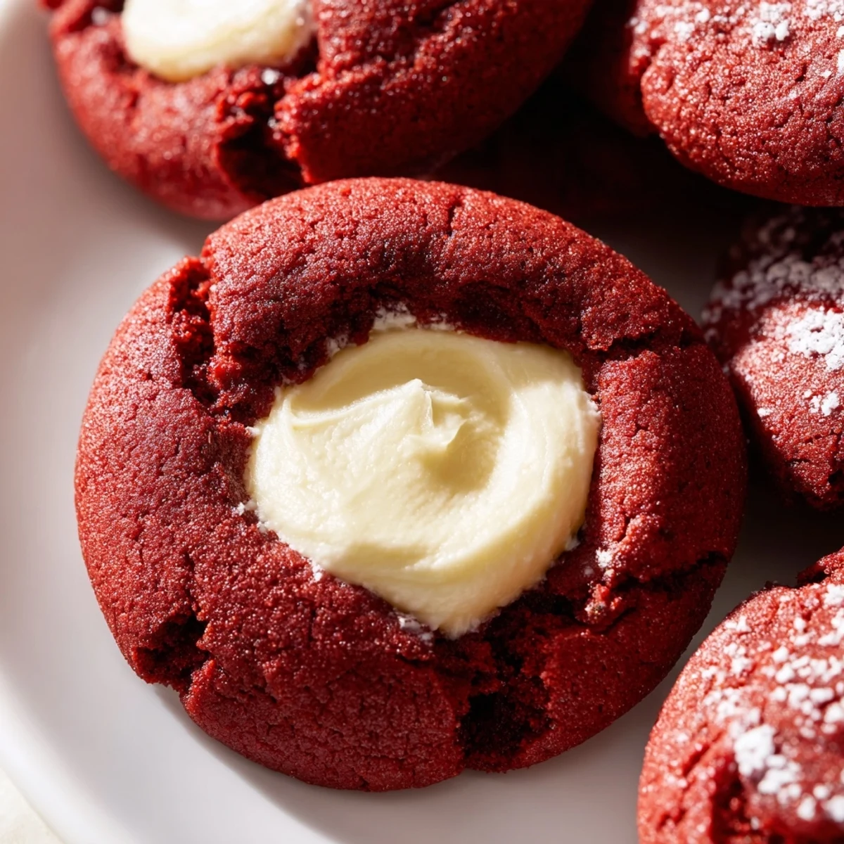 Moist red velvet thumbprint cookies topped with swirls of sweet vanilla cream cheese filling