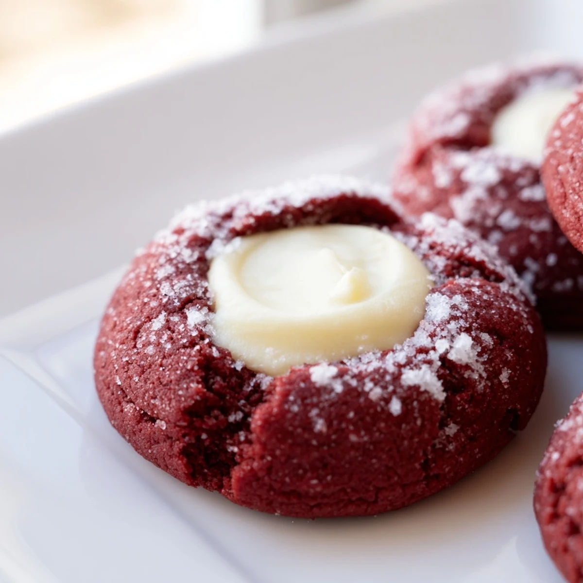 Bright red velvet thumbprint cookies fresh from the oven with tender cocoa centers