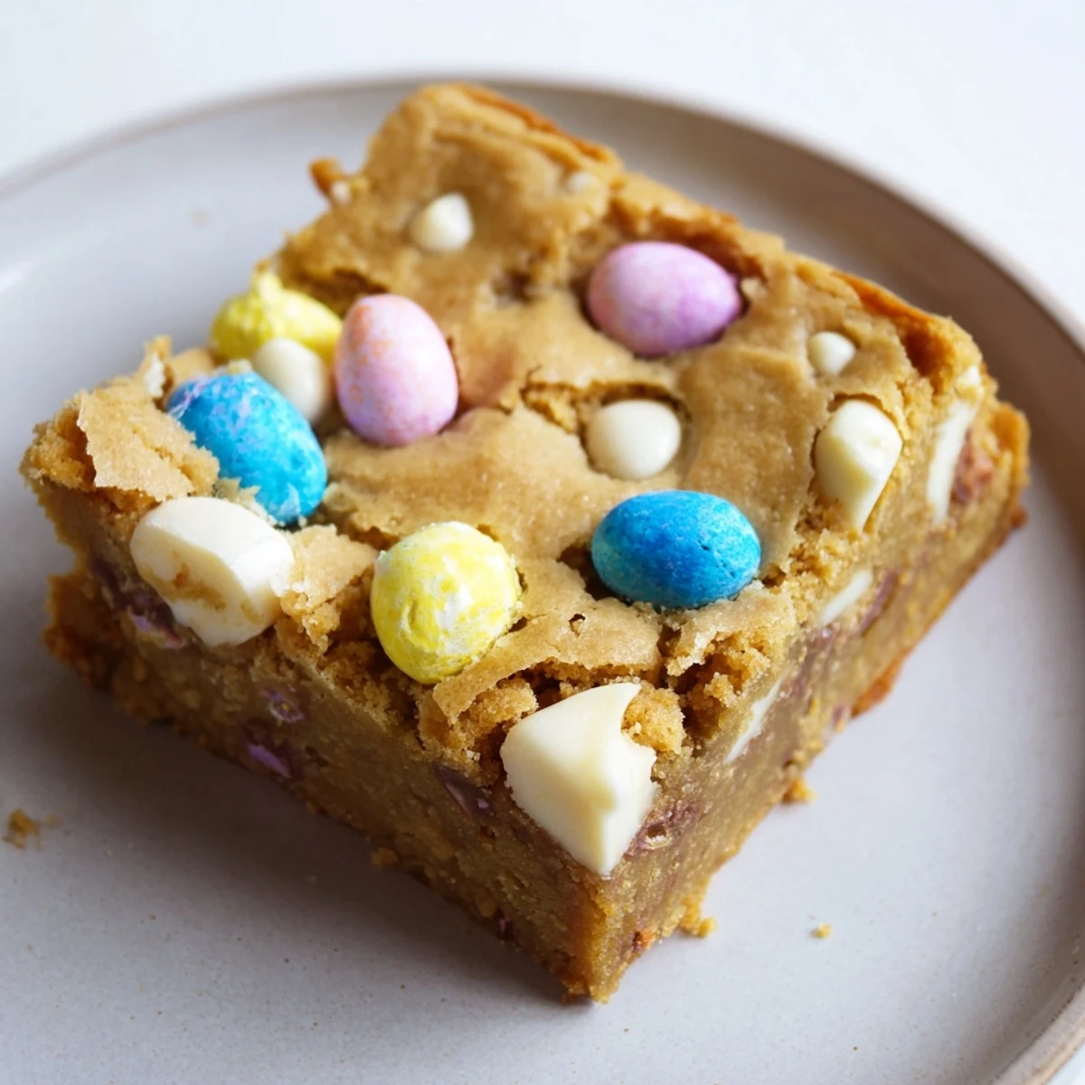 Golden chewy Mini Cadbury Easter Egg Blondies topped with colorful candy-coated chocolate eggs on a rustic cutting board