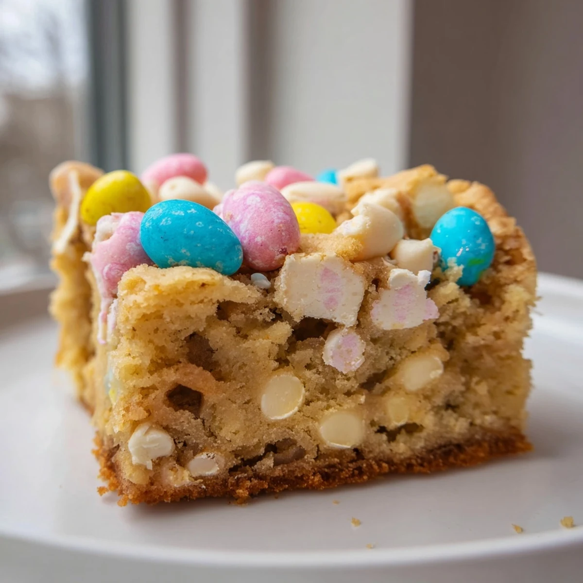 Fudgy Mini Cadbury Easter Egg Blondies studded with pastel chocolate candies and melted white chocolate chips throughout