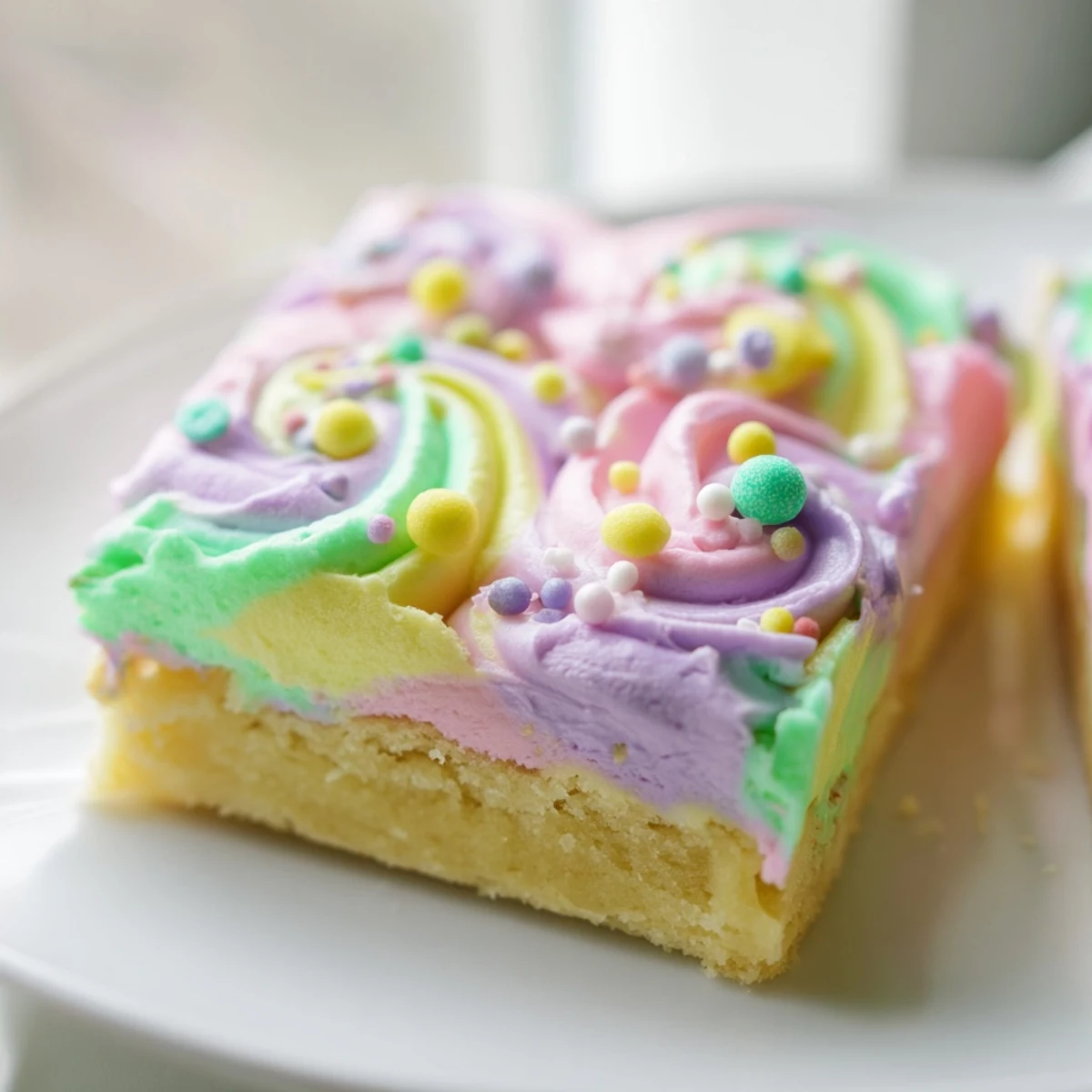 Soft Easter sugar cookie bars with pastel pink frosting and colorful festive sprinkles