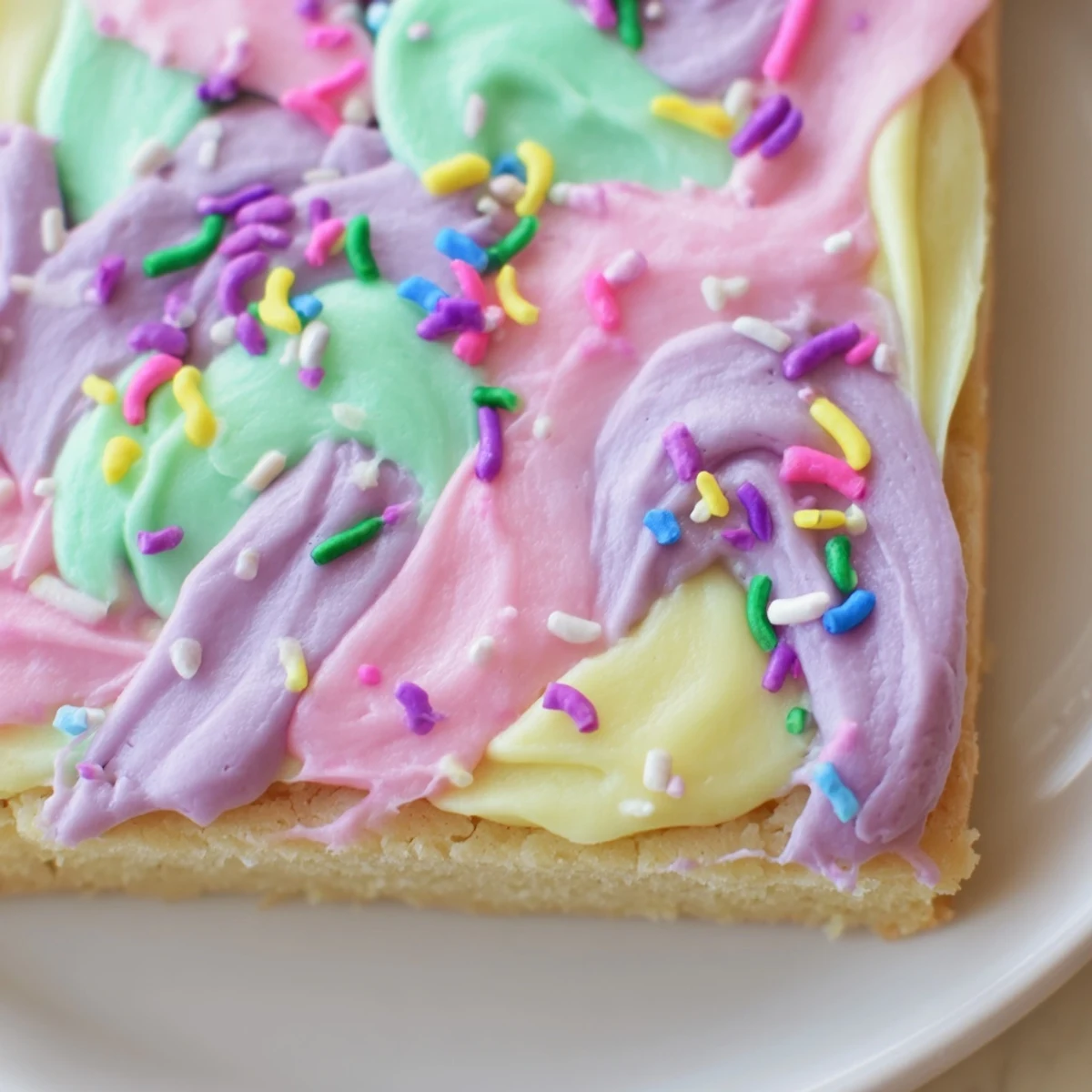 Thick-cut Easter sugar cookie bars topped with swirled creamy frosting and spring sprinkles