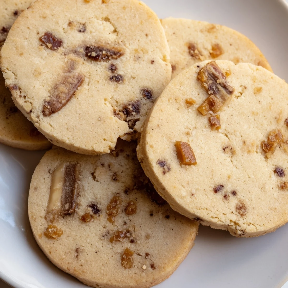 Golden espresso shortbread cookies studded with glistening toffee chunks on a rustic baking sheet