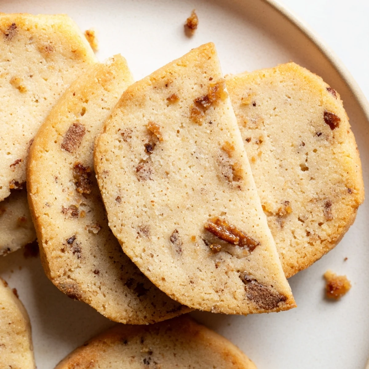 Buttery espresso shortbread cookies with caramelized toffee bits arranged beside a steaming coffee mug