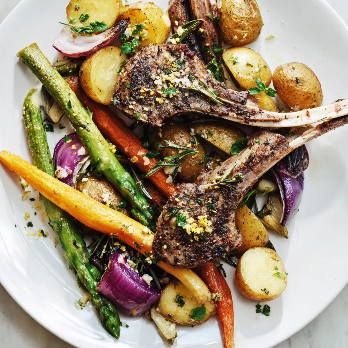 Golden herb-crusted lamb chops with roasted vegetables on a gleaming sheet pan Easter dinner