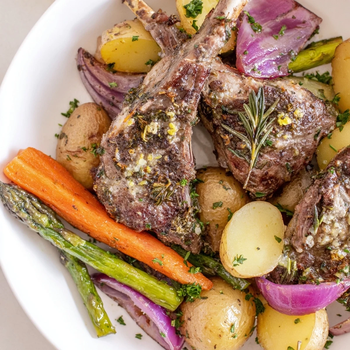 Easter dinner on a sheet pan with tender rosemary lamb crispy potatoes and asparagus