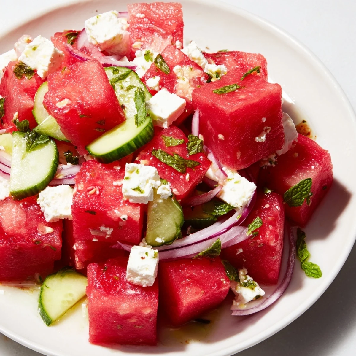 Watermelon Feta Salad with fresh mint and cucumber on a white serving plate