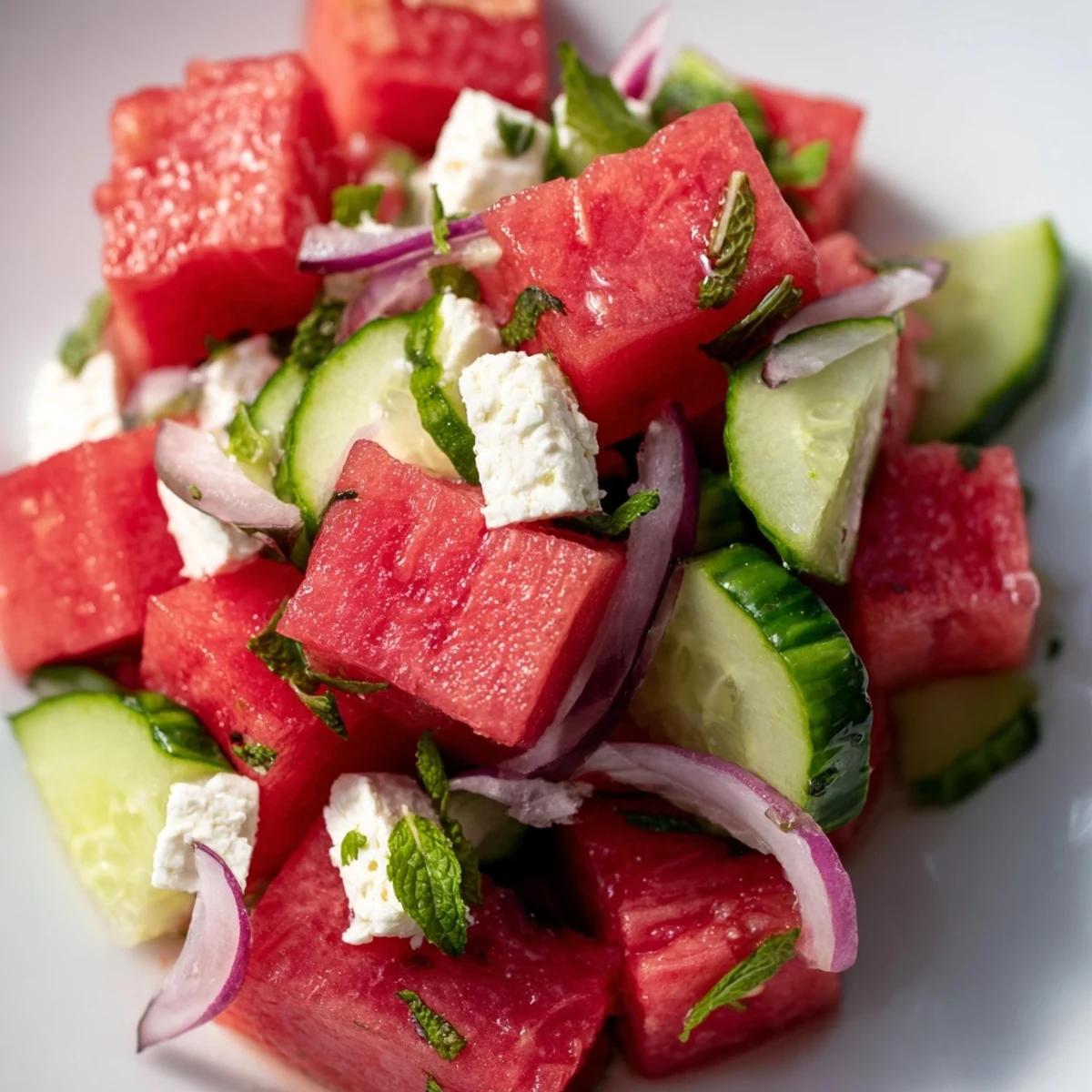 Cubed watermelon and crumbled feta tossed with mint in a glass bowl