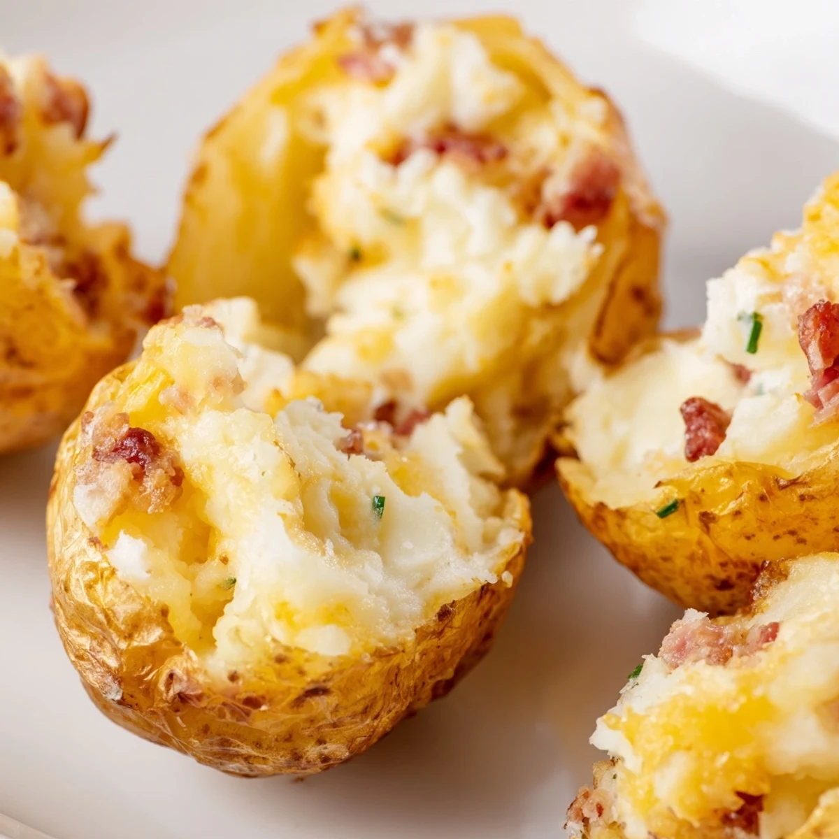 Golden Irish Potato Bites filled with melted cheddar and bacon on a rustic baking sheet
