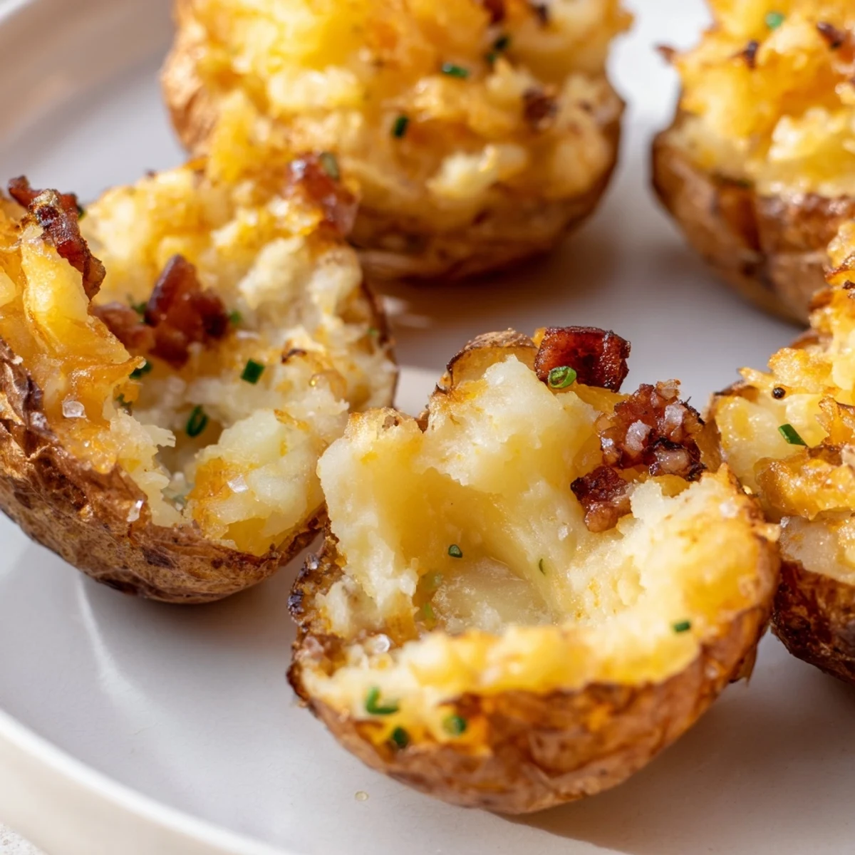 Crispy Irish Potato Bites topped with fresh chives arranged on a white serving platter