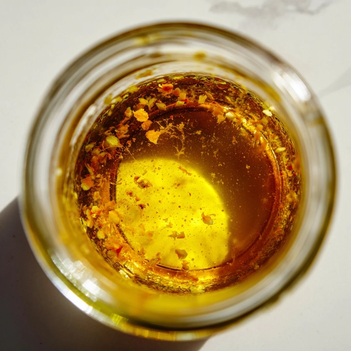 Golden citrus vinaigrette emulsified in a glass jar with fresh orange and lemon zest