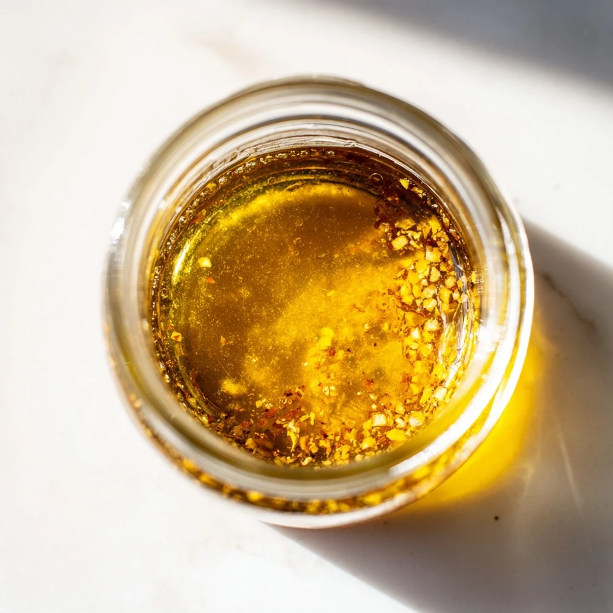 Bright citrus vinaigrette drizzling over crisp mixed greens with visible orange and lemon flecks