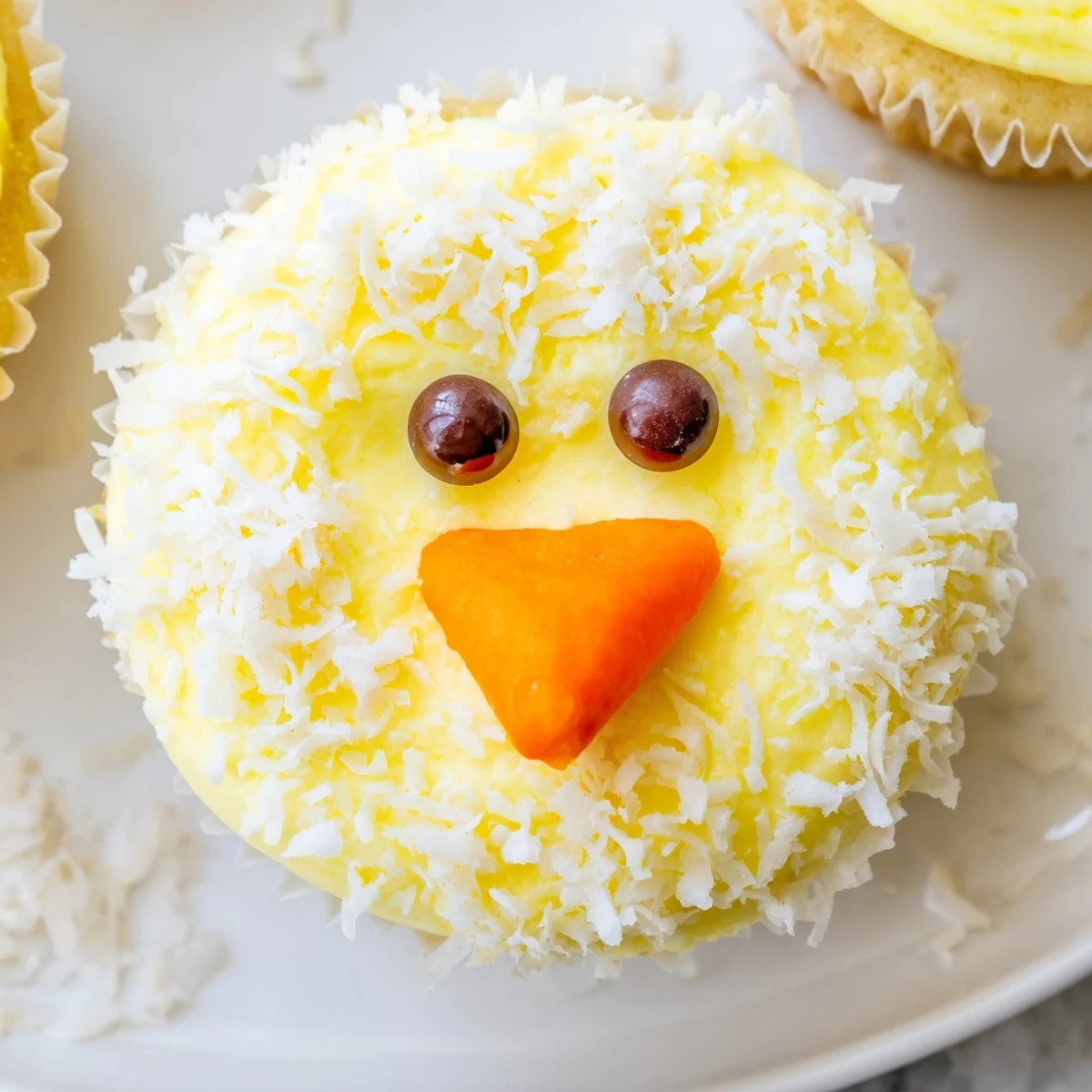 Adorable Easter Chick Cupcakes with fluffy yellow frosting and sweet candy faces on display