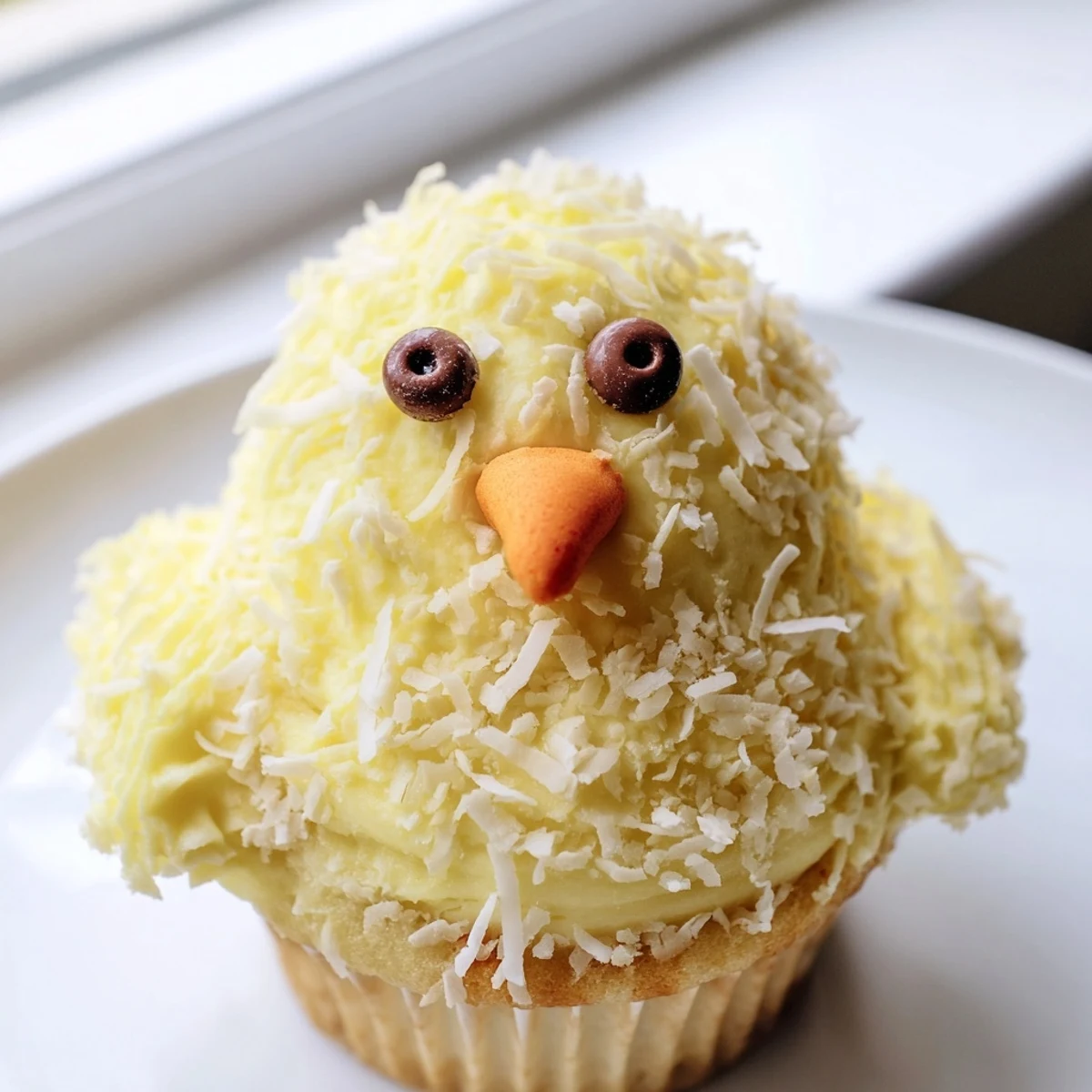 Festive Easter Chick Cupcakes topped with bright yellow buttercream and cute chocolate chip eyes