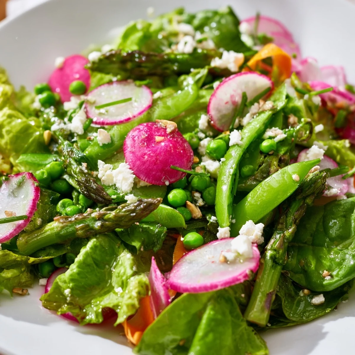 Bright Spring Salad with crisp greens, radishes, and citrus vinaigrette in a white serving bowl