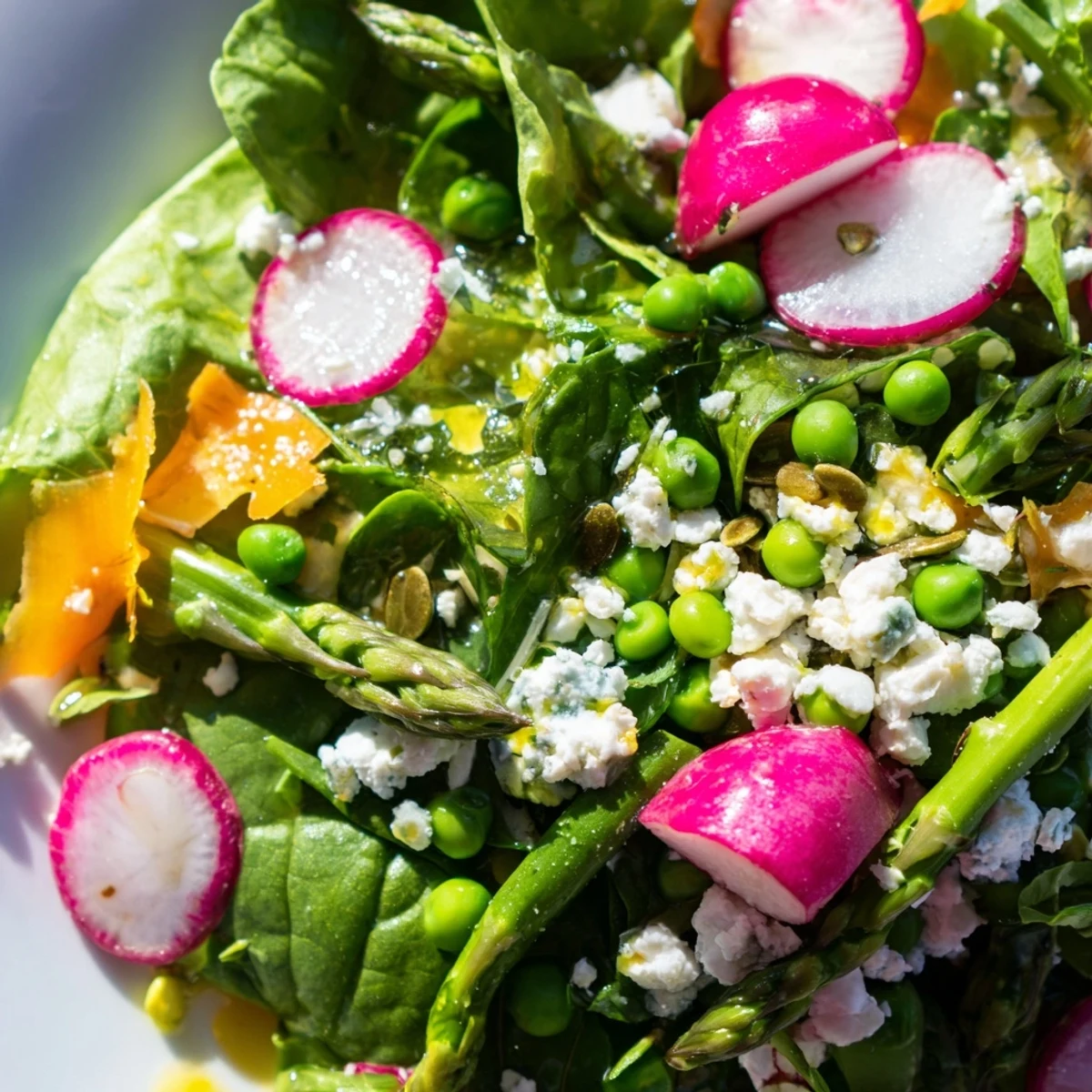 Fresh Bright Spring Salad topped with crumbled feta, toasted sunflower seeds, and herbs