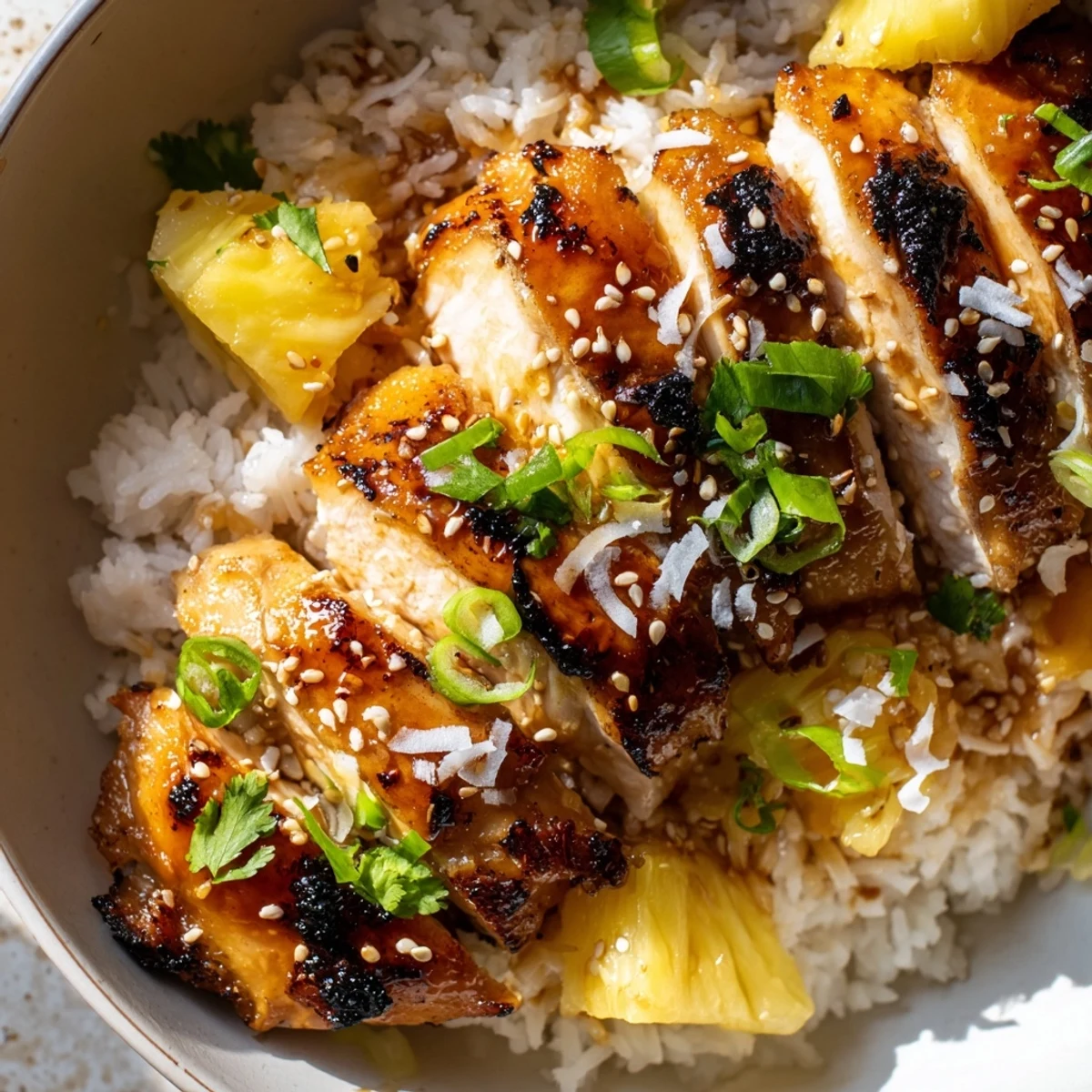 Hawaiian Chicken Coconut Rice with caramelized glaze and fresh pineapple chunks on a white plate