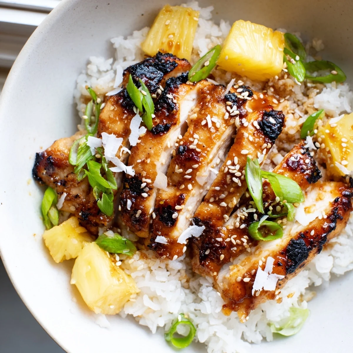 Grilled Hawaiian Chicken Coconut Rice topped with green onions and juicy pineapple in a bowl