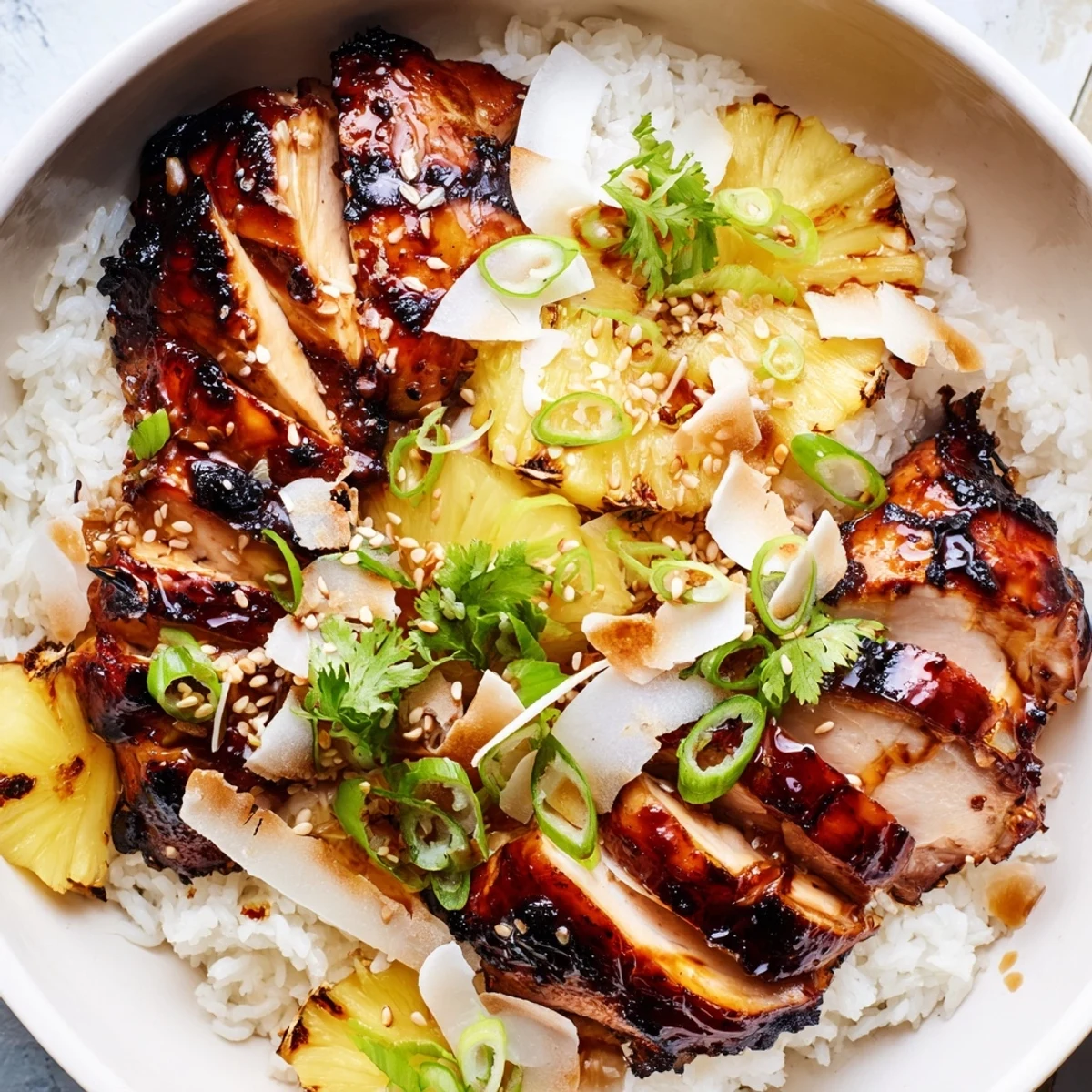 Creamy coconut rice topped with sliced Hawaiian Chicken and toasted coconut flakes for a tropical dinner