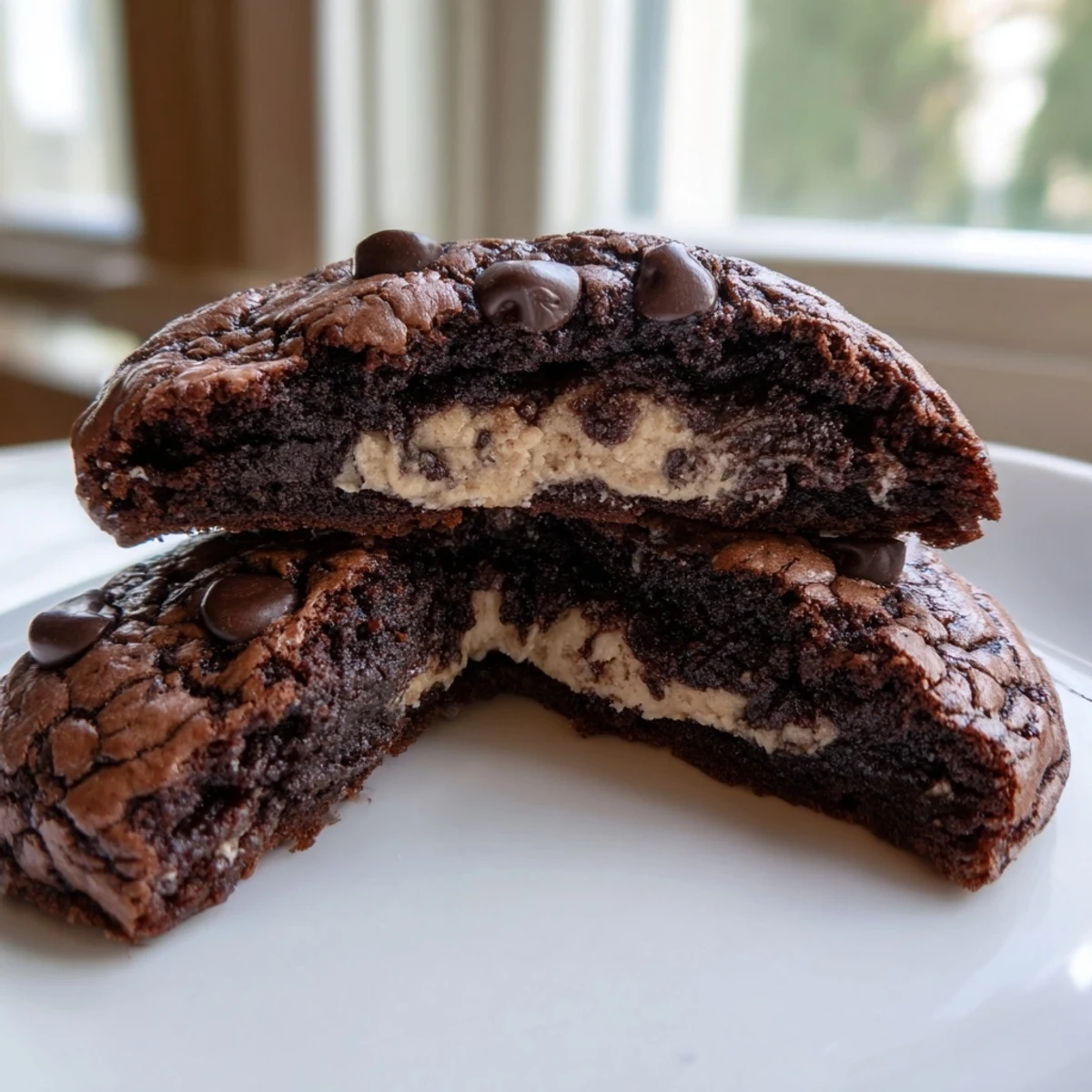 Crackly topped fudgy brownie cookies revealing an eggless cookie dough center inside