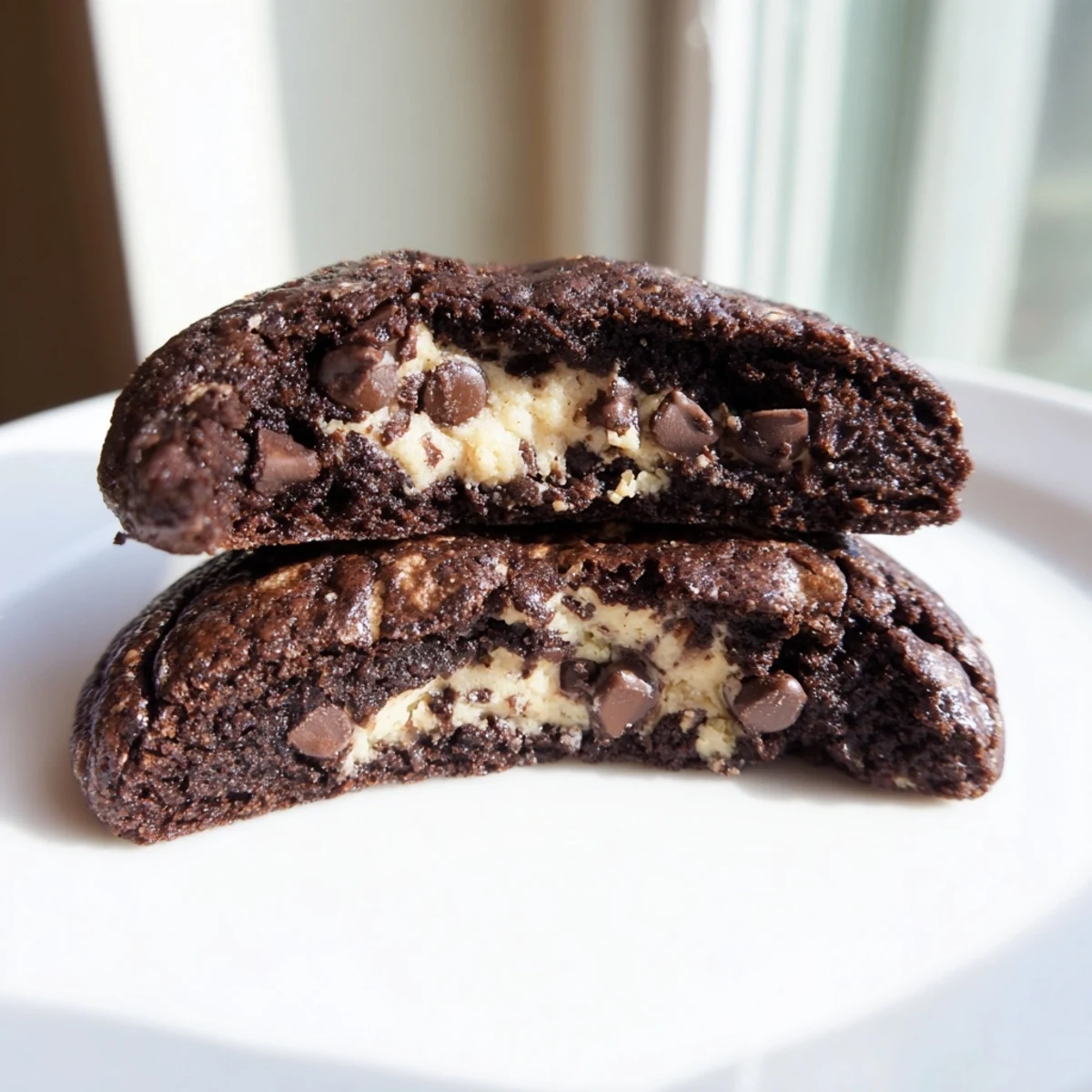 Fudgy brownie cookies stuffed with cookie dough on a rustic wooden serving board
