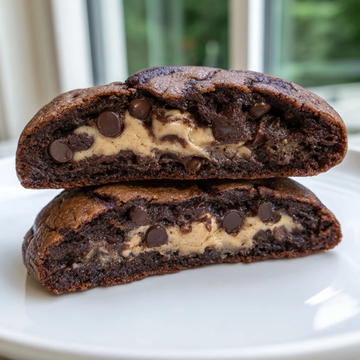 Warm fudgy brownie cookies with gooey cookie dough centers stacked on a cooling rack
