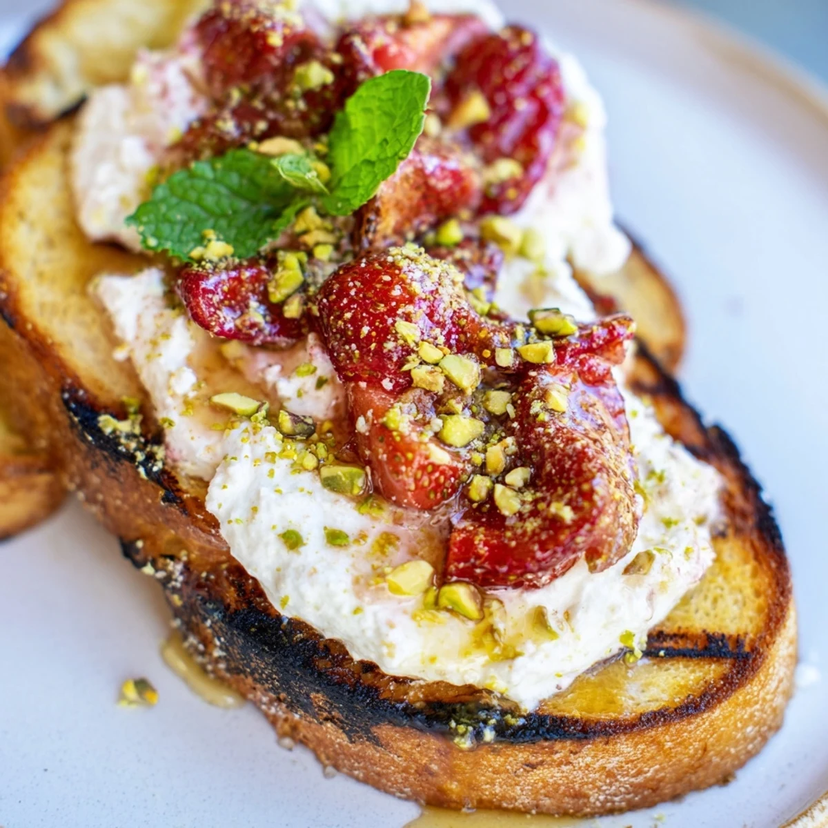 Creamy whipped ricotta topped with juicy roasted strawberries on crispy golden sourdough toast