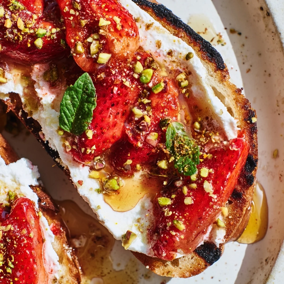 Roasted strawberry whipped ricotta toast with fresh mint and honey drizzle on rustic bread